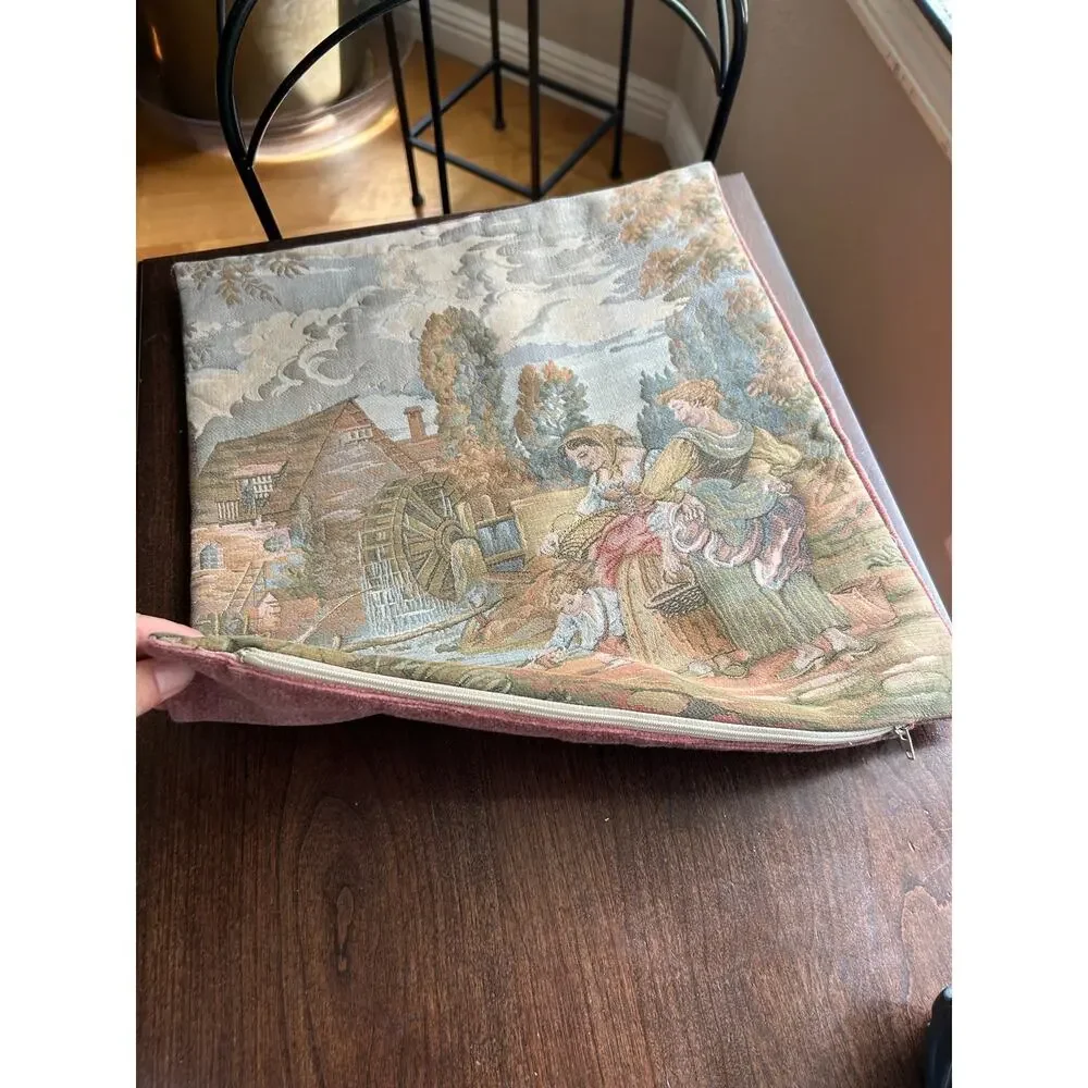 Woven jacquard tapestry pillow cover 18th-century scene Washing Day at the Mill